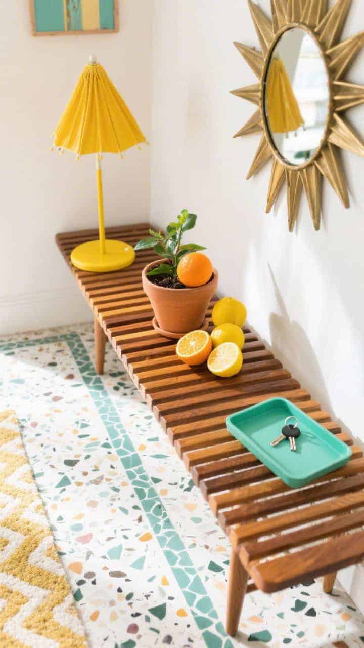 Detail overhead shot focusing on mid-century pops: terrazzo-look runner pattern filling the frame edge, corner of a teak slat bench, starburst mirror’s burnished rays partially visible by reflection, citrus accents arranged on the bench—a tangerine planter, lemon-yellow umbrella stand nearby, mint-green tray with keys; palette of teak, white, mint, citrus brights; bright, sunny illumination for a cheerful retro-cool vibe.