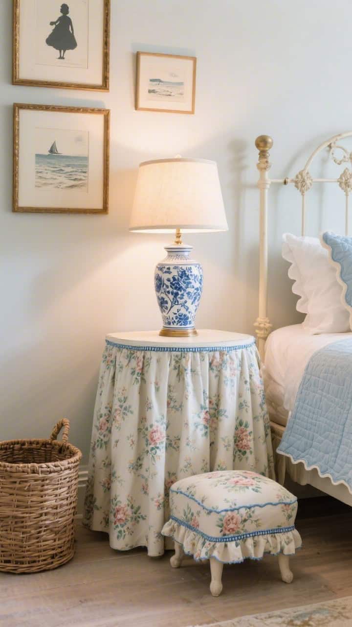 Detail shot focusing on grandmillennial accents: tailored skirted nightstand in soft floral chintz with micro welt; blue-and-white ginger jar lamp on top; partial view of cream-painted iron bed with scalloped sheets and pale blue quilt in background; framed silhouettes and small coastal etchings on the wall; wicker hamper and floral footstool nearby; warm lamp glow, polished yet cozy.