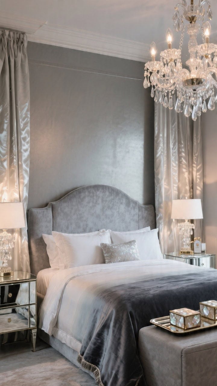 Glam, detail-focused closeup: pewter-painted wall behind a curved dove-gray velvet headboard. Pearl-toned silk curtains drape with a soft sheen. A smoked glass chandelier sparkles above; crystal-trimmed lamps glint like sun on water. Bedding shows an ombre shift from pearl to slate with a satin-edge blanket. On mirrored nightstands, a lacquered tray and a trio of mother-of-pearl inlay boxes. Photorealistic, evening lighting with reflective highlights and gentle glow.