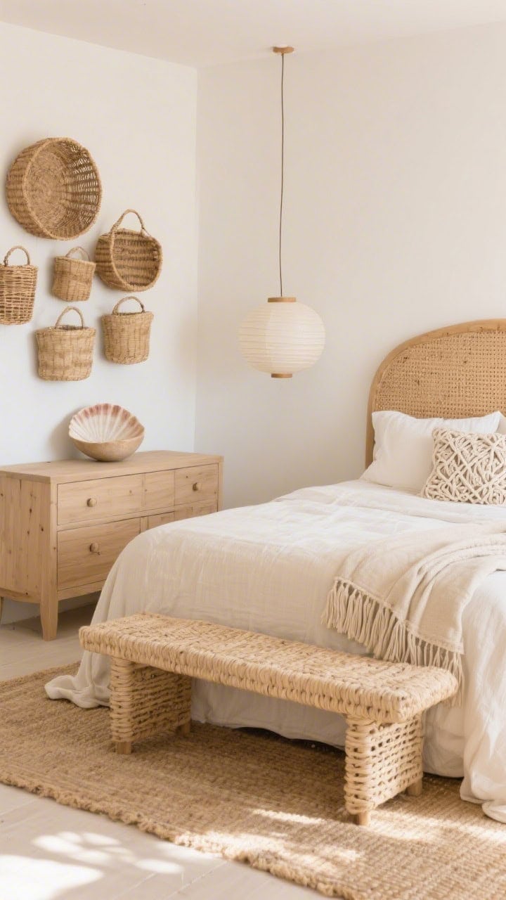 Medium angle from bed foot: Sandbar neutrals bedroom with warm white walls, rattan headboard on a cozy bed layered with cotton-linen blend bedding, macramé pillow and fringed throw, light oak dresser, chunky woven bench at the bed’s foot, wicker wall baskets artfully arranged, oversized shell bowl atop the dresser, simple paper lantern pendant diffusing soft light, layered jute-and-cotton rug; palette oat, cream, warm white, pale straw; tactile, sunlit calm, photorealistic.