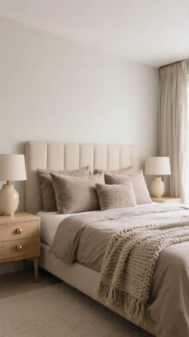 Medium bedroom shot from a slight corner angle showing a serene greige sanctuary: warm greige upholstered headboard, layered taupe bedding, and a full run of greige monochrome pillows—tight linen weave euro shams for structure, one velvety square for softness, and a ribbed knit lumbar for coziness. Flanking pale oak nightstands with creamy ceramic lamps, linen drapes, and warm brass knobs; a chunky woven throw at the foot of the bed. Soft, diffuse morning light for a hotel-level calm mood, photorealistic.