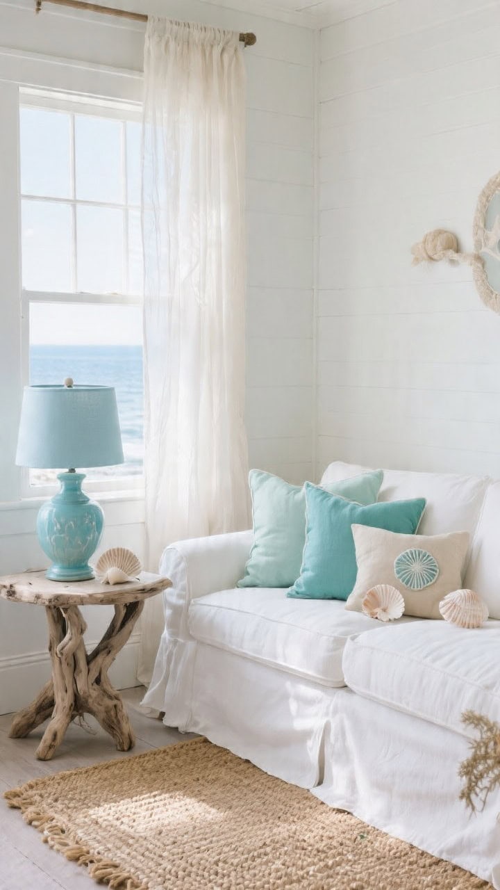 Medium coastal cottage nook: slipcovered soft white linen loveseat with pillows in seafoam, aqua, and sand plus a few shell-patterned accents; driftwood side table with a glazed cerulean lamp; airy gauze curtains filtering seaside light; woven seagrass rug; fresh, breezy atmosphere; photorealistic.