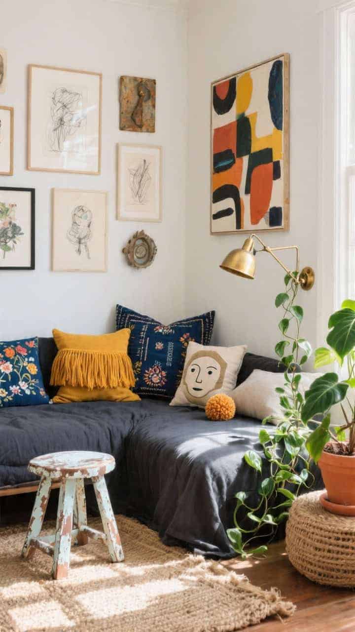 Medium corner angle: A sunlit charcoal linen daybed under a curated gallery wall of sketches, flea-market finds, and one bold abstract canvas; daybed covered with mismatched pillows—indigo mudcloth, embroidered florals, a marigold tassel pillow, a quirky face pillow, plus square, lumbar, and a tiny pom-pom cushion; adjustable brass sconce for reading; trailing pothos and a rubber plant in terracotta; a painted, chipped-stool side table; natural jute rug with imperfect texture; bright afternoon natural light, photorealistic.