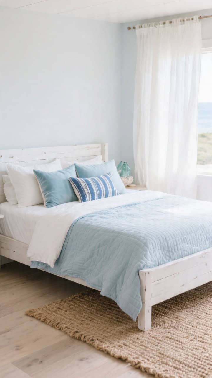 Medium corner angle of a coastal retreat: whitewashed wood bed, pale oak floors, woven jute rug, gauzy ivory curtains moving in a sea-breeze glow. Airy linen bedding with misty-blue quilt folded at the foot. Pillow styling: two ivory Euro shams, two powder-blue standard shams, centered striped indigo lumbar, plus two small sea-glass velvet pillows adding sheen. Natural daylight, serene and breezy.
