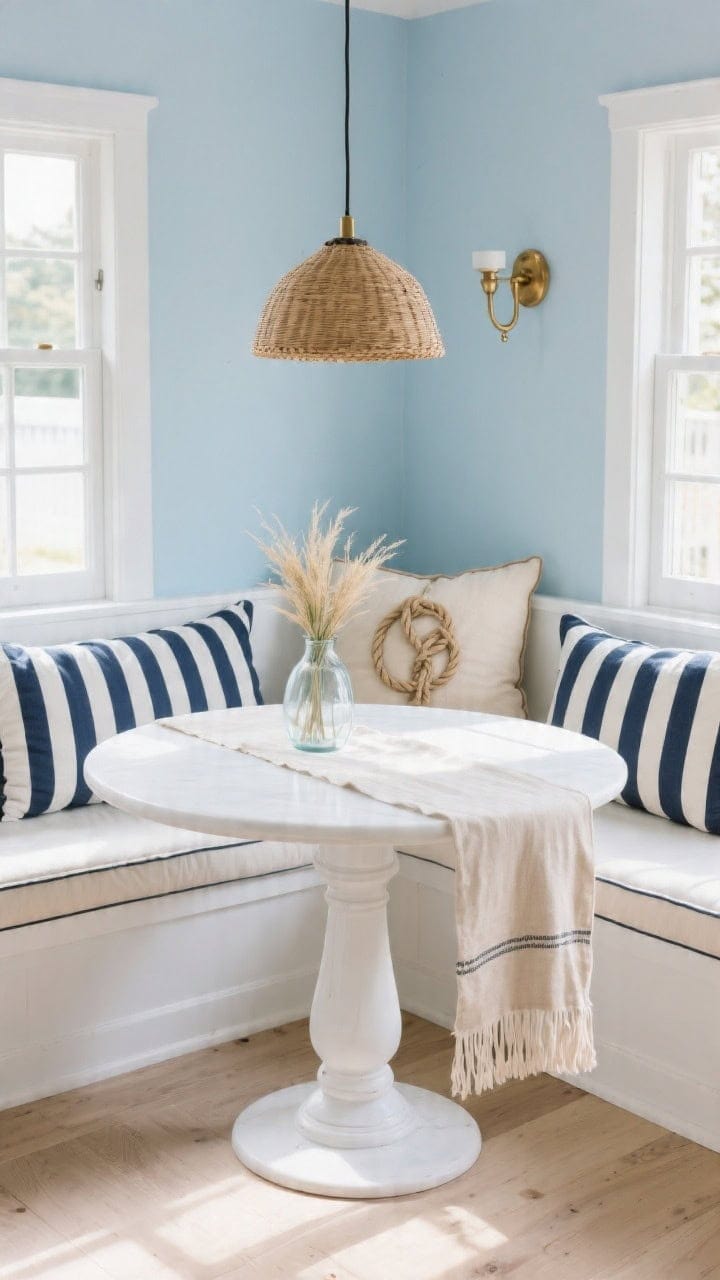 Medium corner angle of a sunny breakfast nook featuring a white built-in banquette around a round pedestal table; pale sky-blue walls, bleached wood floors; pile nautical-striped pillows with thick navy-and-white bands, fine pinstripes, and a single rope-knot motif pillow in sandy beige; add a rattan pendant light overhead, brass sconce, and a glass vase with sea grass on the table; a fringed linen runner casually draped on the bench; crisp coastal palette of white, navy, sky blue, and sand; bright daylight, photorealistic.