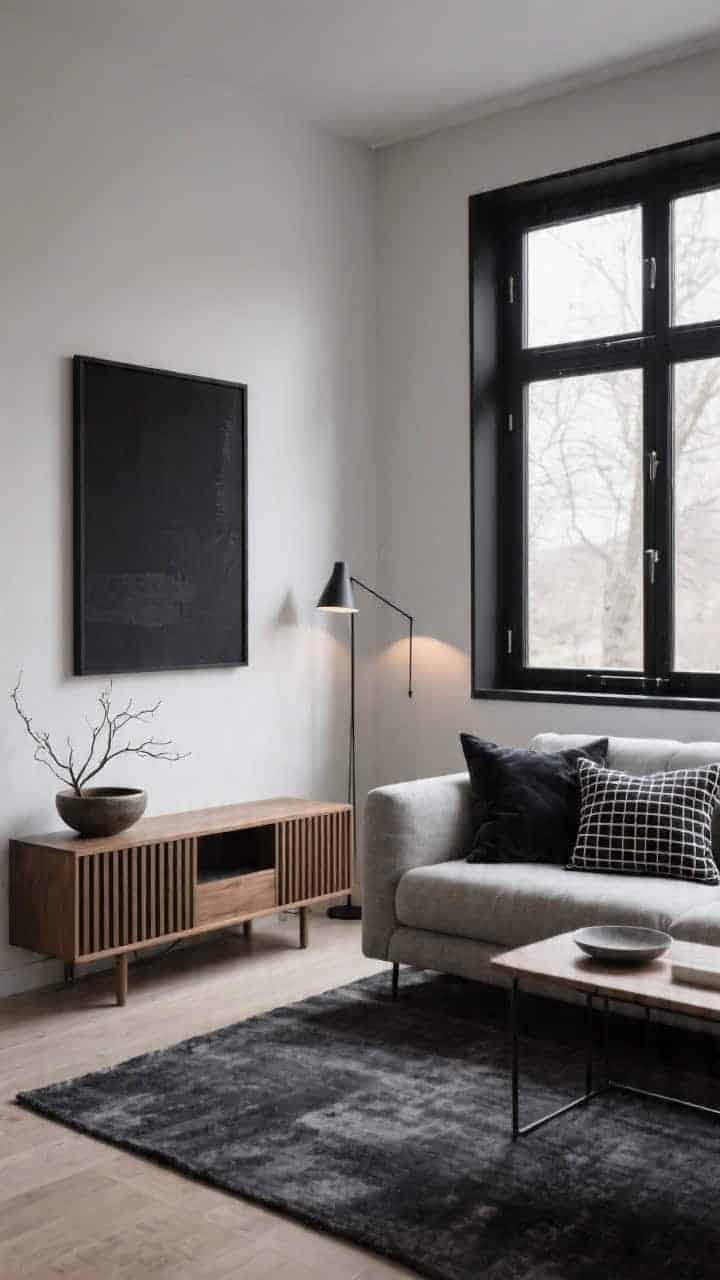 Medium, corner-angle shot of a modern Nordic living space with matte black window frames casting subtle shadows; charcoal rug underfoot; slim oak slat media console anchoring the wall; sofa styled with crisp stone linen pillows, graphite velvet pillows, and one bold black-and-cream grid patterned cushion; linear floor lamp and an oversized black-framed art print above the console; ceramic bowl with bare branches on the console; moody but warm lighting, high contrast yet cozy; photorealistic.