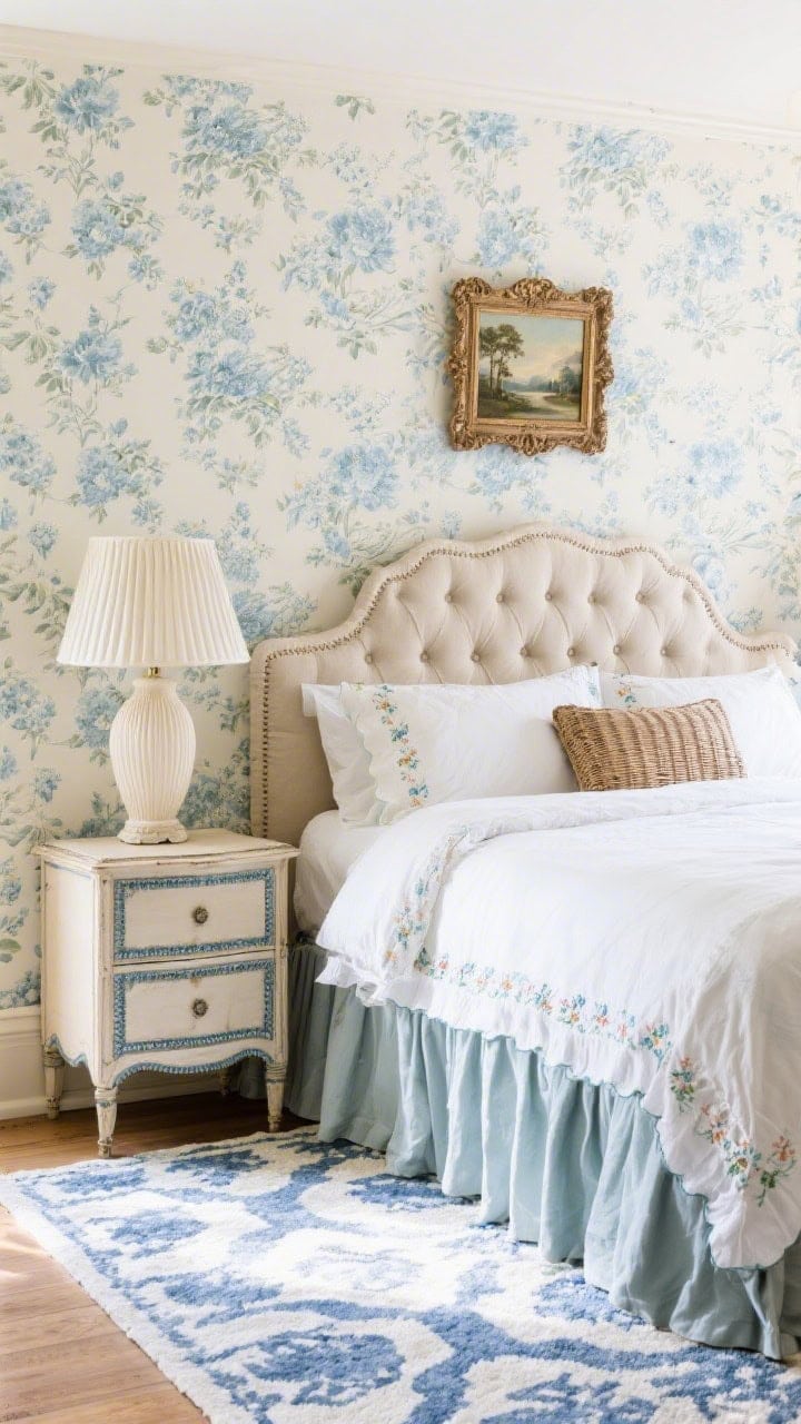 Medium corner shot showcasing layered grandmillennial charm: floral wallpaper in soft blues and sandy neutrals; skirted nightstands with contrast trim and a pleated lampshade; tufted linen headboard, scalloped shams, embroidered coverlet on the bed; wicker frames, a small vintage landscape oil, and a blue-and-white block-print rug underfoot; soft daylight, gently traditional and breezy.