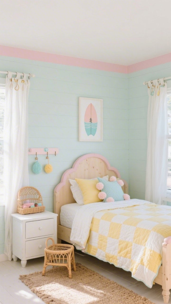 Medium corner view: Beach bungalow pastels kids’ room with misty seafoam walls and a blush pink stripe band along the top, a pale wood bed with rounded corners and a pastel scallop headboard, gingham quilt in butter yellow and cloud white, pom-pom pillows, linen curtains on clip rings, jute rug underfoot, small beadboard dresser painted cloud white, painted peg rail with pastel accessories, mini rattan chair, framed pastel surfboard art; soft sunlit atmosphere, gentle shadows, cozy and breezy, photorealistic.