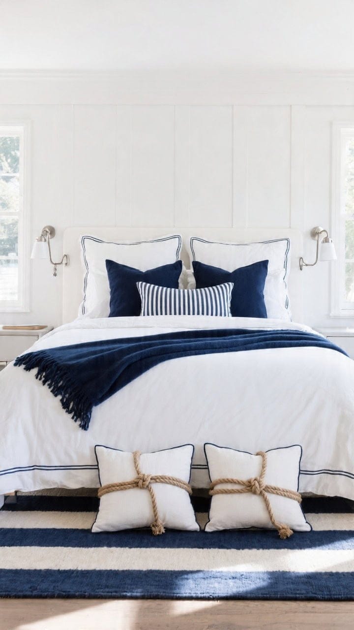 Medium, crisp coastal preppy scene, straight-on: high-gloss white panel headboard, navy striped rug, nickel swing-arm sconces, bed dressed with white coverlet and navy throw folded with military precision. Pillow lineup: two white Euros with navy piping, two navy shams, centered navy-and-white striped lumbar, plus two petite rope-knot pillows for whimsy. Bright, clean daylight.