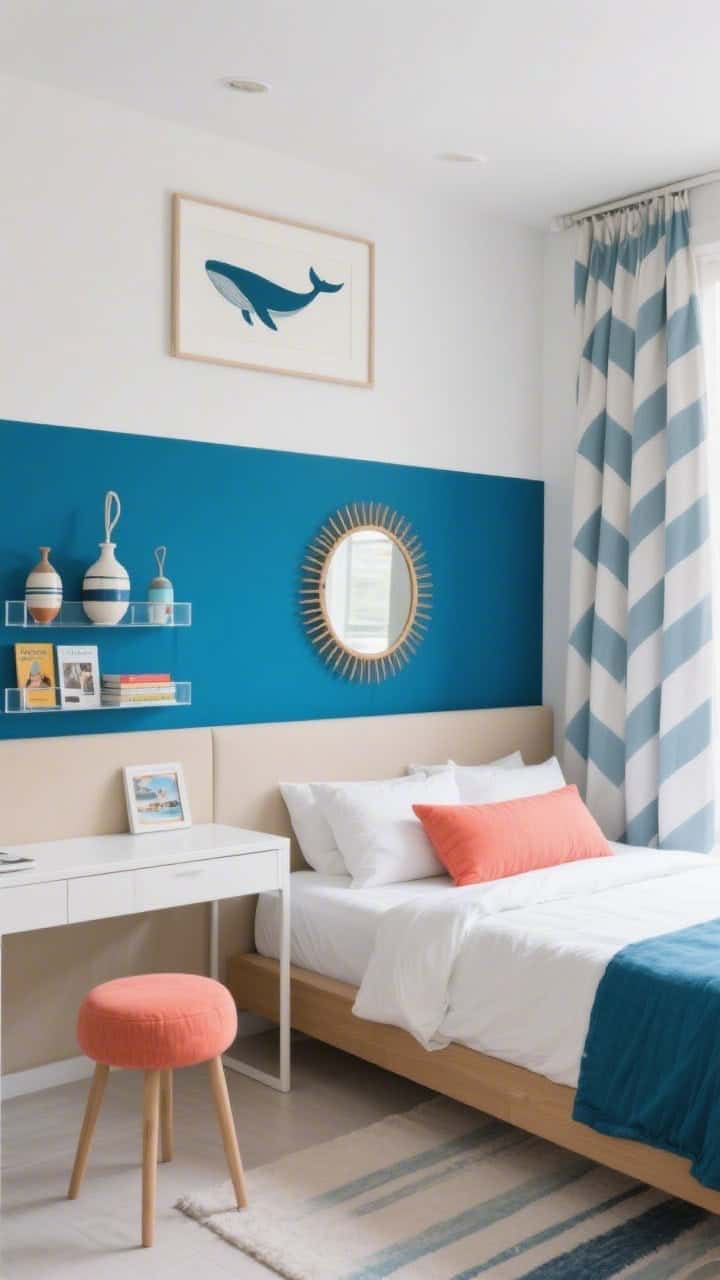 Medium desk-and-bed scene: Modern coastal color-block room with a half-wall ocean blue color block behind a Scandi-style bed, round sun mirror centered above the headboard, cube shelving with ceramic buoy vases and acrylic book ledges displaying picture books, sleek white desk with a coral stool, color-block duvet and a coral bolster pillow on the bed, geometric curtain panels, whale silhouette art in simple frames; palette ocean blue, sand beige, white, pop-of-coral; crisp daylight, clean lines, photorealistic.