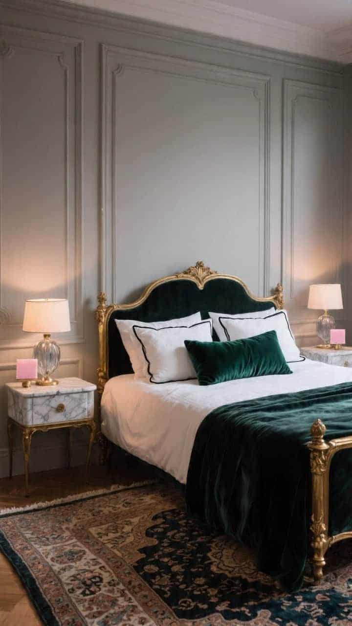 Medium, elegant Parisian bedroom scene: paneled walls in soft greige, antique brass bed, vintage Persian rug underfoot, petite bedside tables with marble lamps and smoky glass accents. On the bed: two charcoal velvet Euro shams, two white sateen pillows with black trim, deep emerald velvet bolster at center, two petite blush velvet squares. Polished, dramatic lighting with warm evening glow.