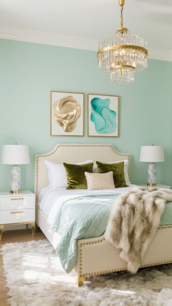 Medium glam shot, straight-on: Gentle seafoam green walls, cream upholstered bed with brass nailhead trim, silky-feel white sheets, seafoam quilt, velvet pillows in moss and oyster, brass statement chandelier shimmering above, marble-base bedside lamps on white lacquer nightstands with acrylic pulls, metallic abstract diptych in champagne and aqua over the bed, plush high-pile rug and a draped faux fur throw adding luxe texture; luminous, sunlit sparkle.