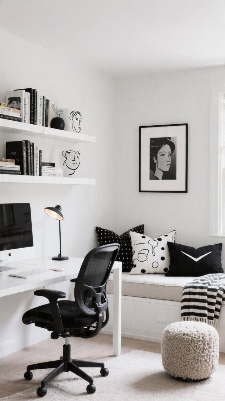 Medium home office with a sleek white desk and modern black task chair, floating shelves with curated books; adjacent daybed styled with gallery-ready black-and-white pillows—line art faces, abstract dots, and one crisp knife-edge cushion in pure black; framed black-and-white photography on the wall, a striped throw, and a small boucle ottoman; bright, focused work light with soft ambient fill, straight-on view, photorealistic.