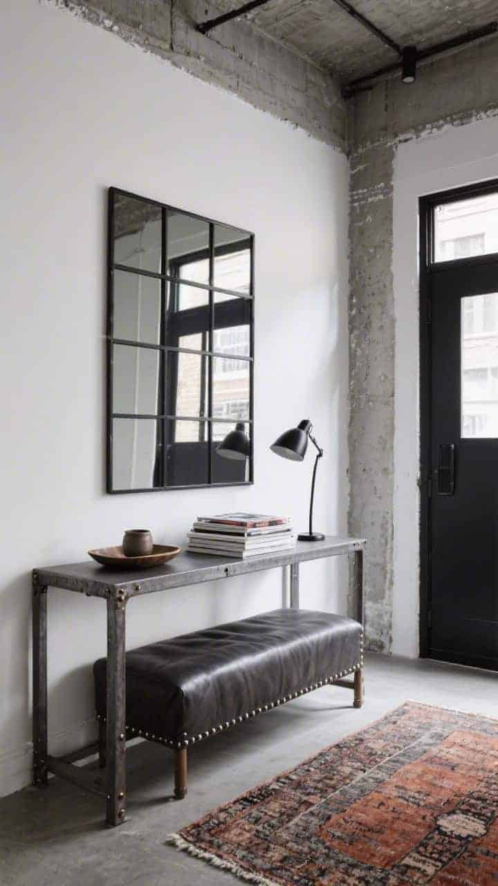 Medium, industrial loft entry from a slight low angle: steel-framed console against crisp white or concrete-gray wall, charcoal leather bench with rivet details nearby, matte black task lamp on the console, low ceramic tray and stack of design magazines, grid-style mirror with black mullions reflecting the space, low-pile vintage rug in rust and slate grounding the scene; palette of graphite, concrete, tobacco, black; cool natural light for an urban, utilitarian mood.
