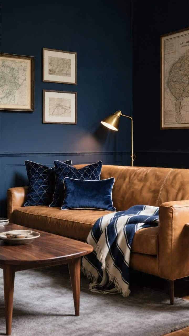 Medium living room vignette with moody, tailored drama: deep navy walls framing a camel leather sofa lit by brass reading lamps. Navy monochrome pillow collection on the sofa—inky velvet squares, tone-on-tone geometric jacquard, and a silk-matte navy lumbar with subtle piping. A walnut coffee table in front, a navy-and-cream pinstripe throw draped casually, and framed vintage maps on the wall. Low, warm lighting emphasizing rich textures; tone-on-tone patterns remain subtle; photorealistic.