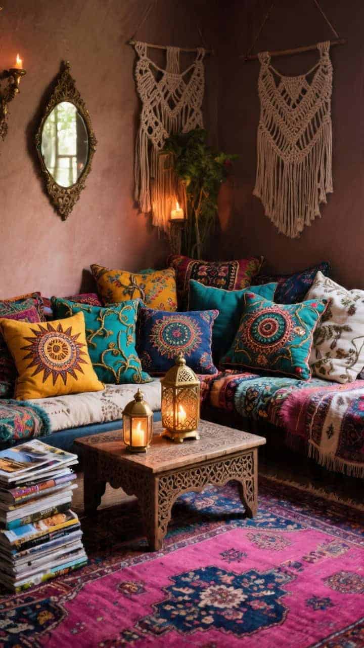 Medium, lush boho lounge corner with a low daybed layered in textiles and an overdyed rug in fuchsia and indigo; heap Suzani pillows with sunburst medallions and looping vines, plus paisley prints in jewel tones (saffron, teal, indigo, emerald, ivory), and a few mirror-embroidered pillows catching candlelight; Moroccan carved coffee table with brass lanterns, macramé wall hanging, stacks of travel magazines; warm, moody lighting; photorealistic.