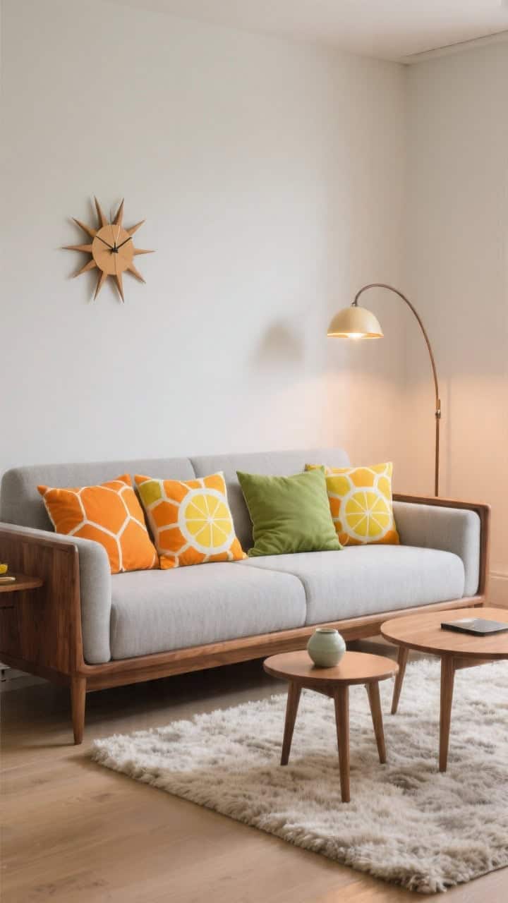 Medium mid-century lounge: walnut-framed sofa with light gray upholstery styled with tangerine, lemon, and lime pillows in clean blocky patterns; starburst clock on wall; tapered-leg side tables; simple shag rug softening lines; ceramic arc lamp casting warm pooled light; crisp, balanced citrus vibe; photorealistic.