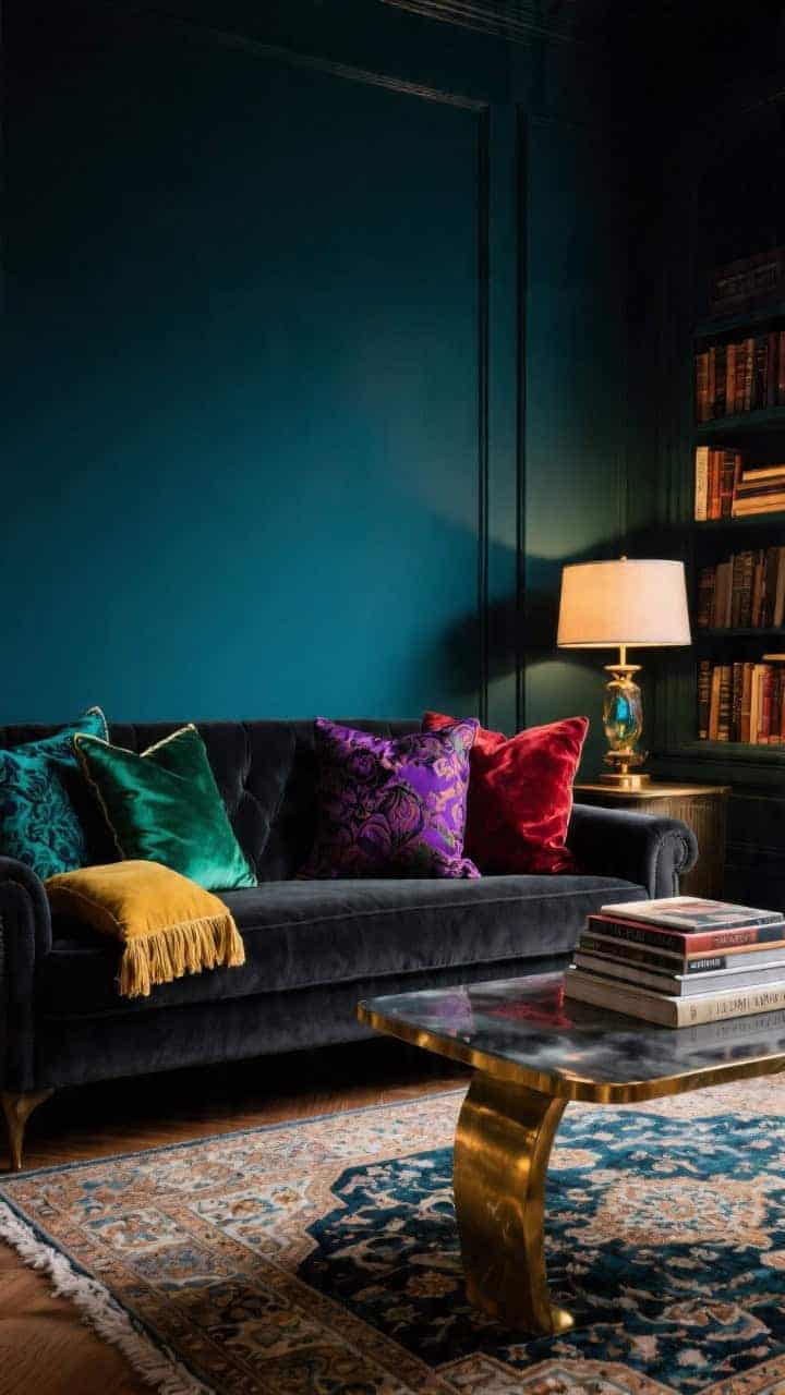 Medium moody den with deep peacock-painted walls and a charcoal velvet sofa; jewel-tone pillows: emerald silk, amethyst velvet, ruby cut-velvet damask, plus a petite mustard fringed cushion; vintage Persian rug under a brass-and-smoke-glass coffee table; library lamp and stacked art books; low, warm lighting creating depth and gem-like contrast.