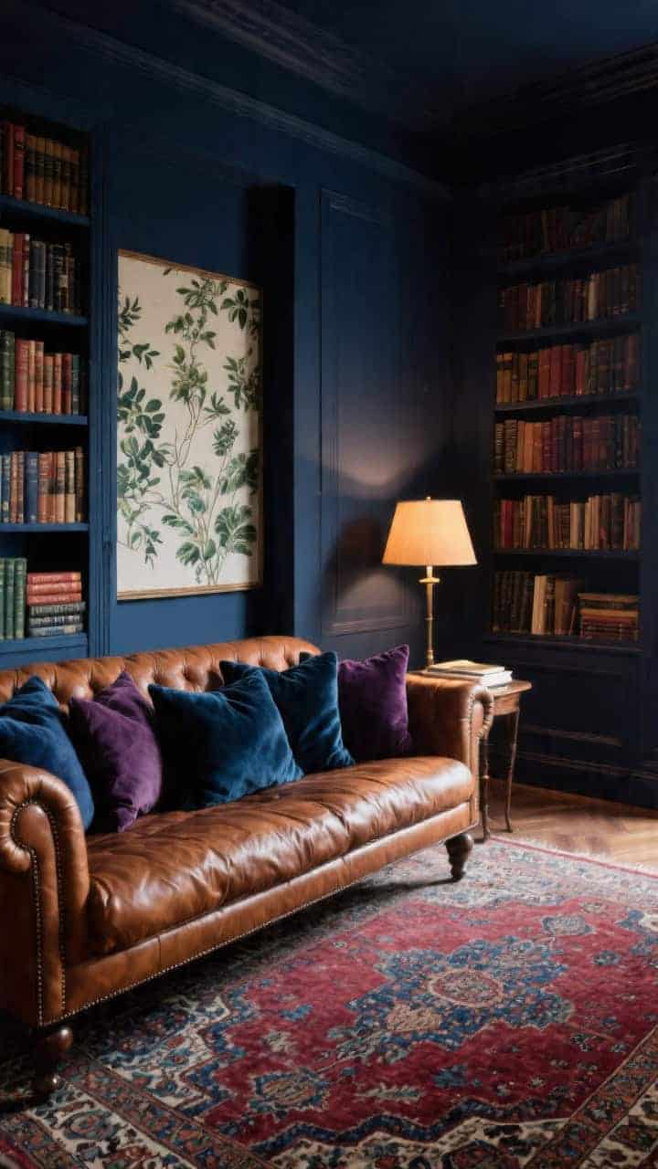 Medium moody library: deep navy walls, shelves of hardcovers, cognac leather Chesterfield layered with inky velvet pillows—midnight blue, aubergine, forest—and a subtle botanical print; Persian rug in burgundy and indigo underfoot; warm library lamp glow inviting a long read; photorealistic.