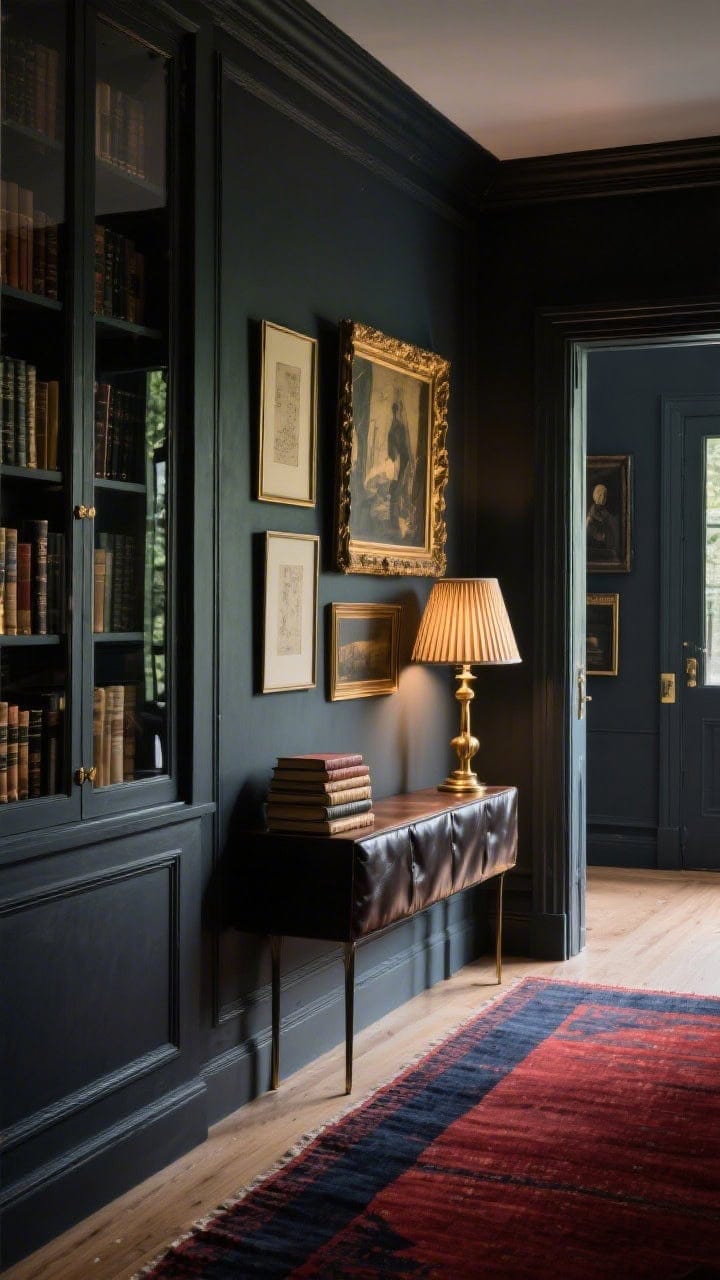 Medium, moody library entry from a side angle: walls and trim painted deep ink/forest/charcoal, shallow custom built-ins or tall glass-front cabinet displaying books, narrow console with a leather-bound stack, salon-style artwork in gilded and black frames layered on the wall, rug in oxblood and navy underfoot, brass lamp with a pleated shade casting a warm, intimate glow; palette of ink, oxblood, brass, parchment; low, cozy lighting for a scholarly, dramatic atmosphere.