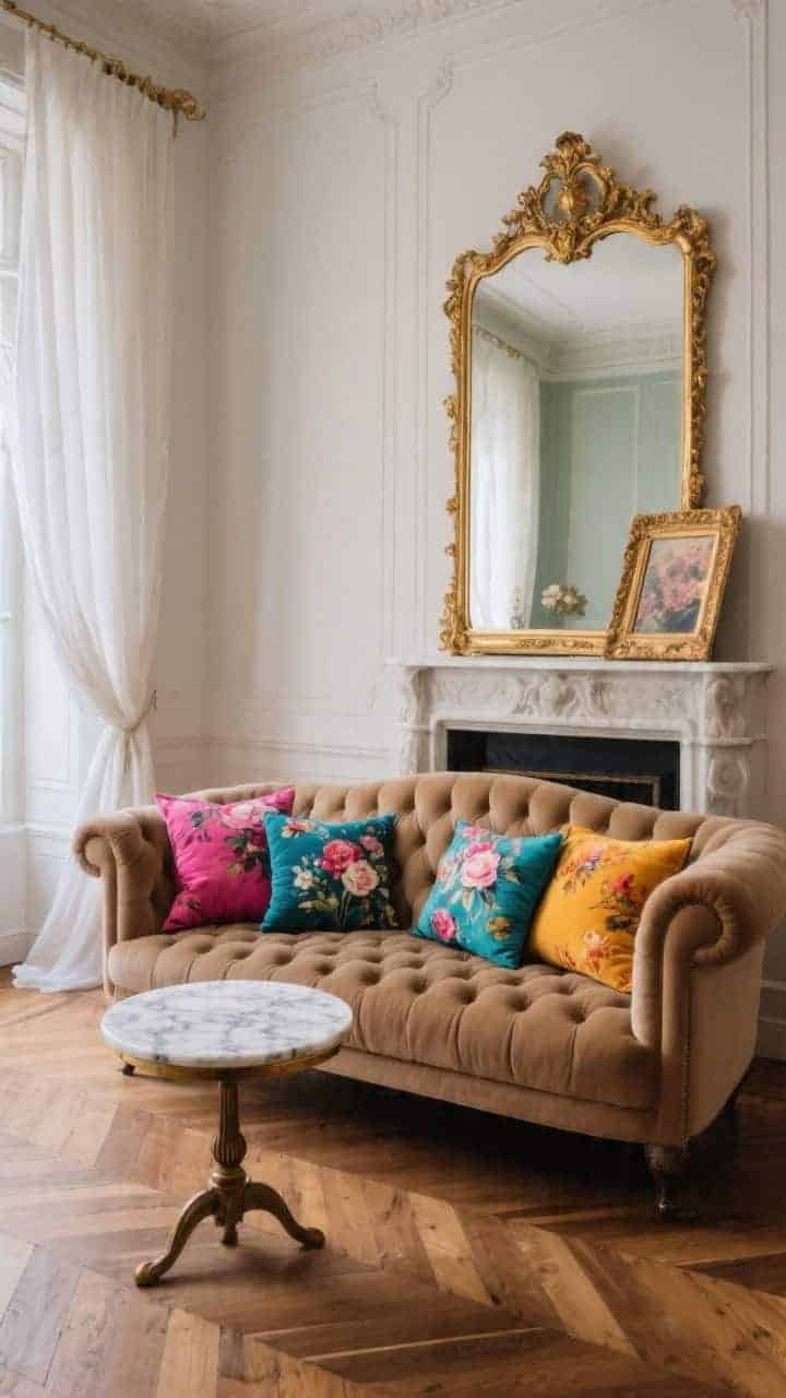 Medium Parisian-inspired salon: tufted camelback sofa layered with painterly floral pillows in fuchsia, peacock blue, and marigold; ornate gilded mirror; petite marble bistro table on herringbone wood floor; sheer ivory drapes pooling slightly; a gilded frame casually leaning on the mantle; romantic, chic ambiance; photorealistic.
