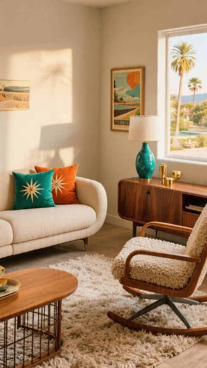 Medium retro Palm Springs den from a corner angle: sleek sectional in oat with mid-century pillows in avocado, burnt orange, and turquoise featuring atomic starbursts, mod curves, and retro grids; low walnut credenza; boucle swivel chair; shag rug; glossy teal ceramic lamp on a side table; framed vintage travel poster; subtle brass accents; warm sun-drenched glow.