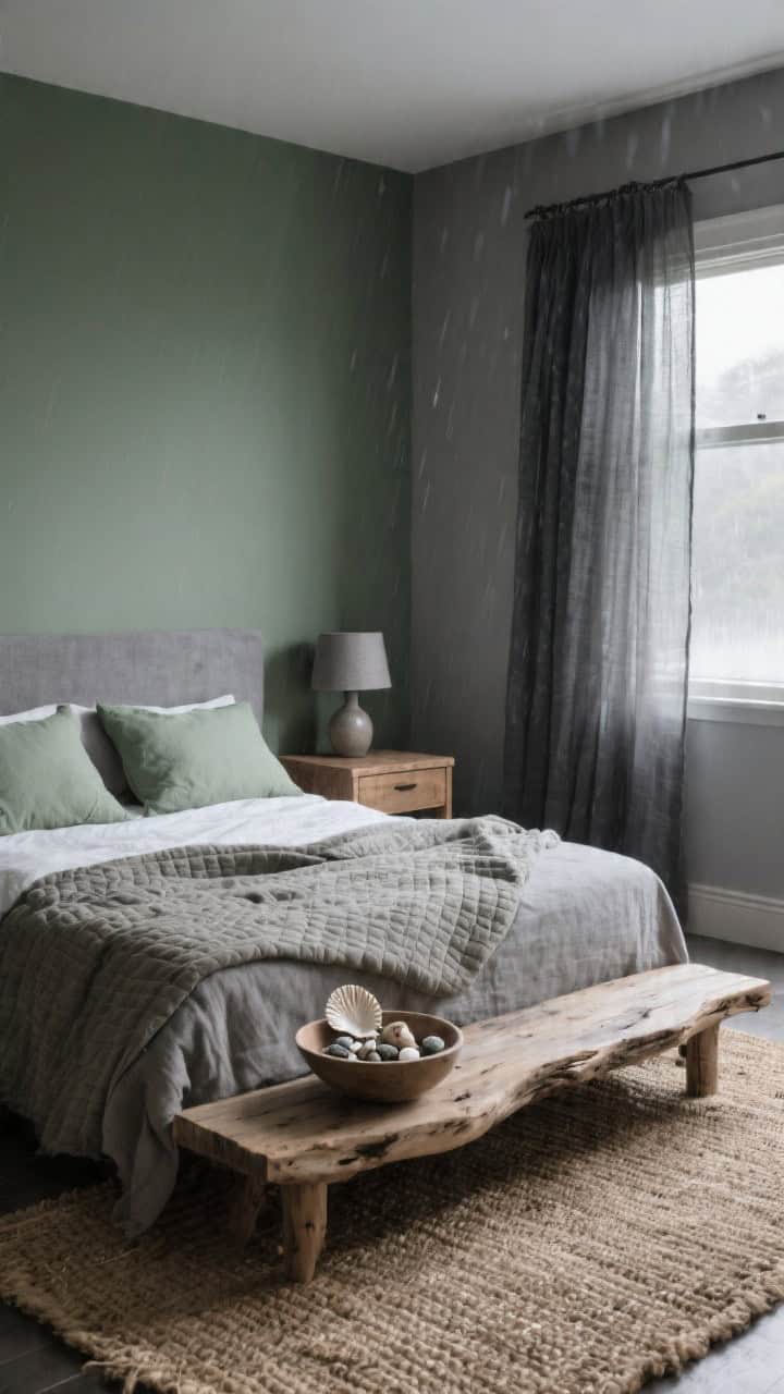 Medium room shot from a corner angle of storm-cloud gray walls with a green undertone. A driftwood-style platform bed dressed in stone-colored linen, a mushroom-toned quilt, and soft sage pillows. Sheer charcoal curtains filter cool daylight; a jute weave rug warms the floor. Low-slung wooden nightstands topped with matte-glaze ceramic bedside lamps. On one nightstand, a shallow bowl of found shells and pebbles. Photorealistic, overcast natural light for a rainy, serene mood.