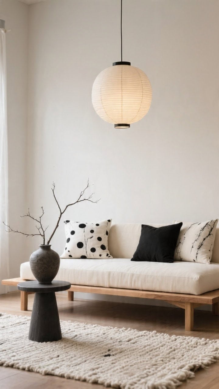 Medium, serene Japandi living room with a low-profile oak platform sofa and ecru cushions; pillows feature wabi-sabi black-on-white hand-blocked dots, loose brushstrokes, and one solid black lumbar; charcoal ceramic side table holds a single stoneware vase with branches; paper lantern pendant above and a woven cotton rug below; soft, diffused natural light, minimalist styling, straight-on view, photorealistic.