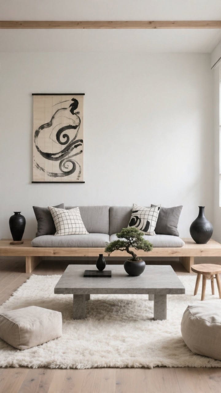 Medium, serene straight-on shot of a Japandi living room with a pale oak platform sofa with stone-gray cushions, a low slab coffee table, and a cream wool rug; style with ink-brush patterned pillows—abstract swirls, soft grids, watercolor lines in charcoal, slate, and smoky taupe; include black ceramic vases on the table, a bonsai on a small stool, linen floor cushions, and one oversized rice-paper print on the wall; soft diffused natural light; palette sand, stone, charcoal, soft white; photorealistic.