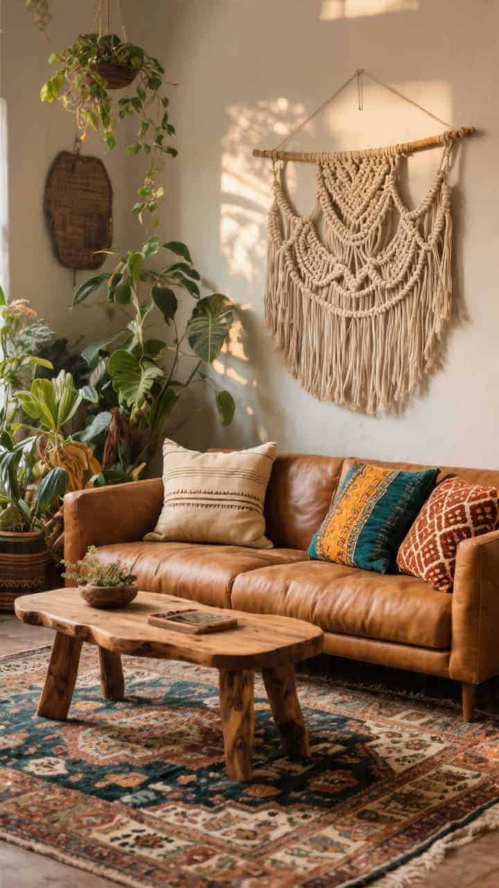 Medium shot, boho collected scene: camel leather sofa paired with a patterned vintage rug and a mango-wood coffee table; cluster of plants and a macramé wall hanging in the background. Pillows: two 24-inch cream mud-cloth–inspired, two 20-inch rust block-print, and a kantha-stitched lumbar in deep teal and saffron. Warm, layered, globally inspired mood with late-afternoon natural light; textures and patterns prominent, no people.
