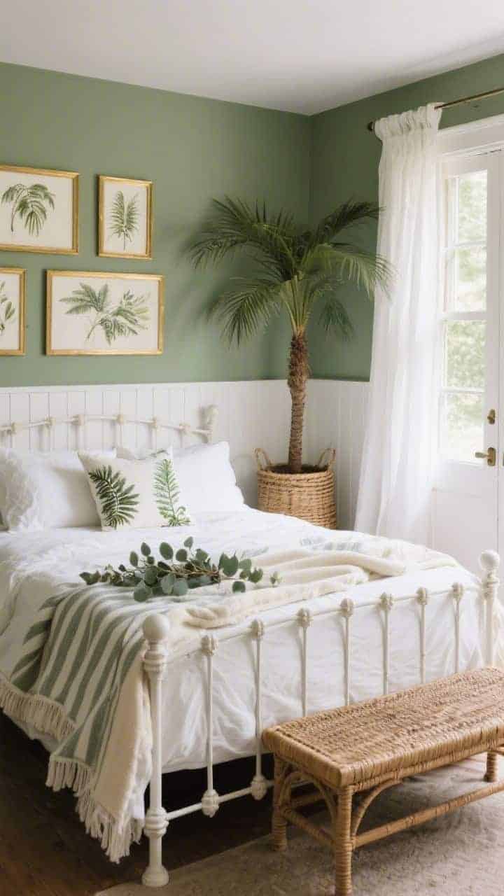Medium shot, cottage vibe: Muted olive green walls with white beadboard wainscot, white metal bed with vintage curves, white base linens layered with botanical-printed pillows in palm and fern motifs, striped cotton throw in eucalyptus and cream draped casually, large potted palm in a woven basket near the window, sheer white curtains swaying slightly, thin gold-framed botanical sketches arranged above the bed, rattan bench at the foot; bright natural light as if French doors are nearby.