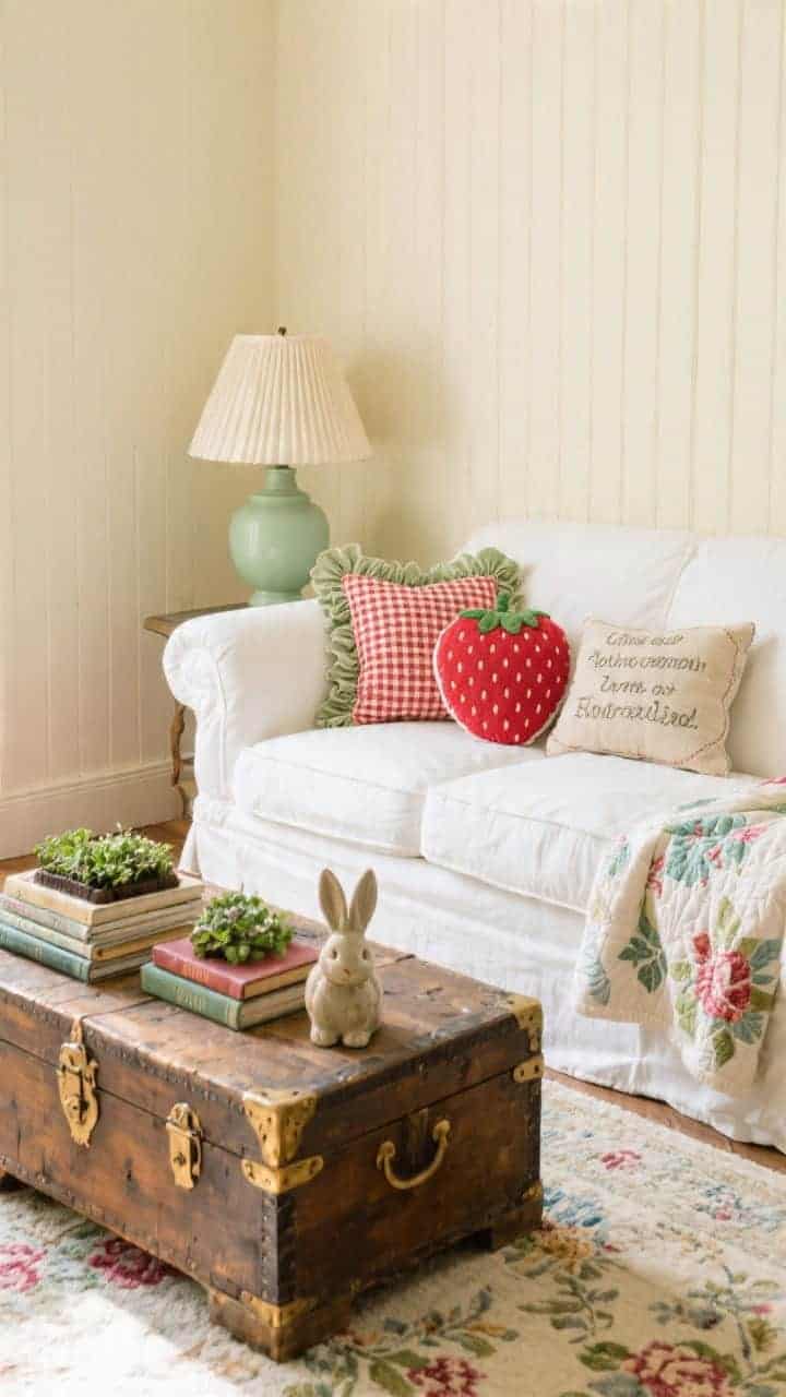 Medium shot, cozy vignette: Slipcovered ivory loveseat against buttercream beadboard walls, a faded floral rug beneath; quilt draped over the arm; playful pillows—cherry red gingham, ruffled sage lumbar, strawberry-shaped cushion, and a needlepoint pillow with a cheeky saying; pleated shade table lamp in soft green on a worn pine trunk coffee table with brass hardware; stack of gardening books and a ceramic bunny accent; soft morning light, photorealistic.