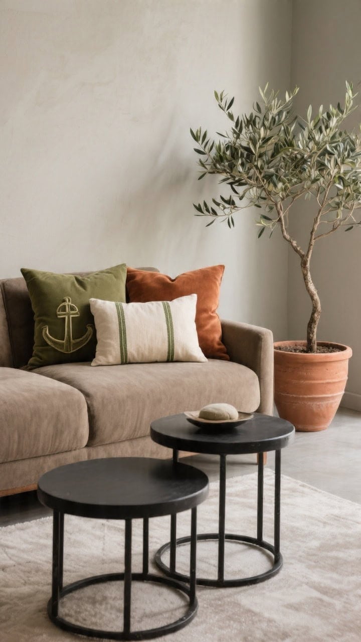 Medium shot, earthy modern palette: warm taupe performance-fabric sofa with black metal nesting tables; greige walls and a terracotta planter with an olive tree nearby. Pillow stack: two 24-inch olive linen anchors, two 22-inch clay velvet squares, and a center ivory lumbar with a thin olive pinstripe. Gentle natural light, grounded tones of olive, clay, taupe; calm, nature-inspired mood.