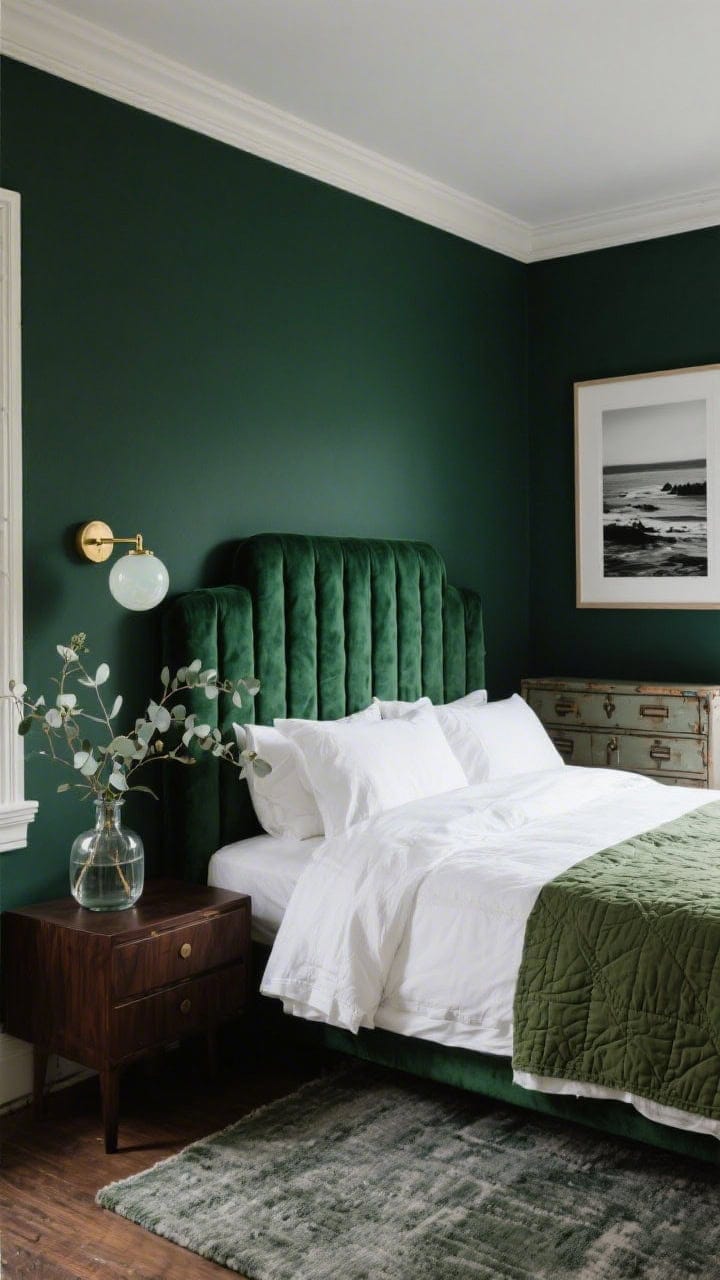 Medium shot from corner angle: Moody deep emerald-painted walls with crisp white trim, an emerald velvet channel-tufted headboard as the focal point, layered white linen sheets and a eucalyptus-green quilt, dark walnut nightstand holding a brass sconce with an opal globe mounted above, vintage campaign dresser visible to the side, oversized black-and-white coastal photography framed on the wall, textured gray-green rug partially in frame, clear glass vase with eucalyptus stems adding fresh polish; warm, subdued lighting.