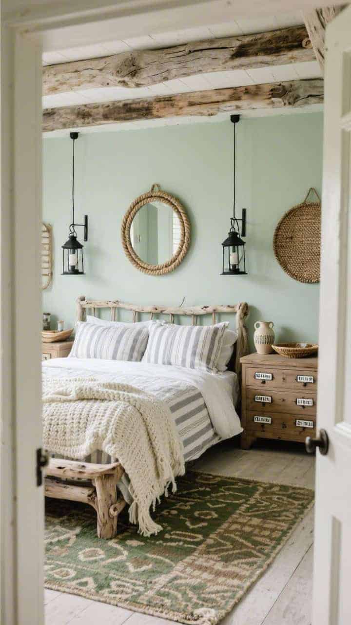 Medium shot from doorway: Soft sage walls with layered raw wood textures, driftwood-style bed dressed with ticking-stripe shams and a chunky ivory knit throw, creams and gray-greens throughout, apothecary-style dresser with labeled pulls to the side, black metal lantern pendants flanking the bed, rope-framed mirror reflecting light, woven trays and ceramic jugs on the dresser, patterned kilim rug in muted green and taupe underfoot; cozy, earthy coastal mood with gentle natural light.