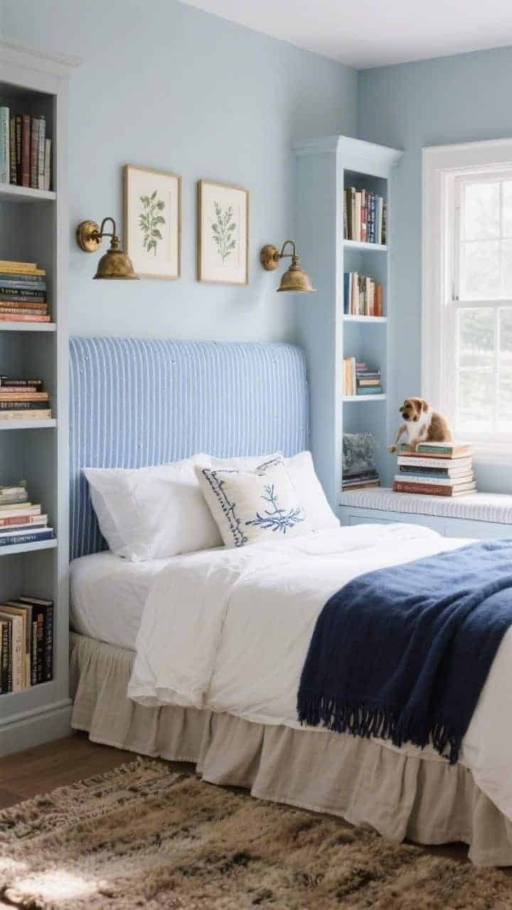 Medium shot of a bedroom reading nook: blue ticking stripe headboard against soft pale gray-blue walls; slim bookcases flanking the bed with aged-brass vintage-style sconces mounted above; skirted linen window bench under a window with a stack of dog-eared novels; bed dressed with white sheets, a navy throw, and embroidered pillows with subtle coastal motifs; framed botanical prints on the wall; nubby wool rug on the floor; natural daylight, refined and bookish coastal vibe.