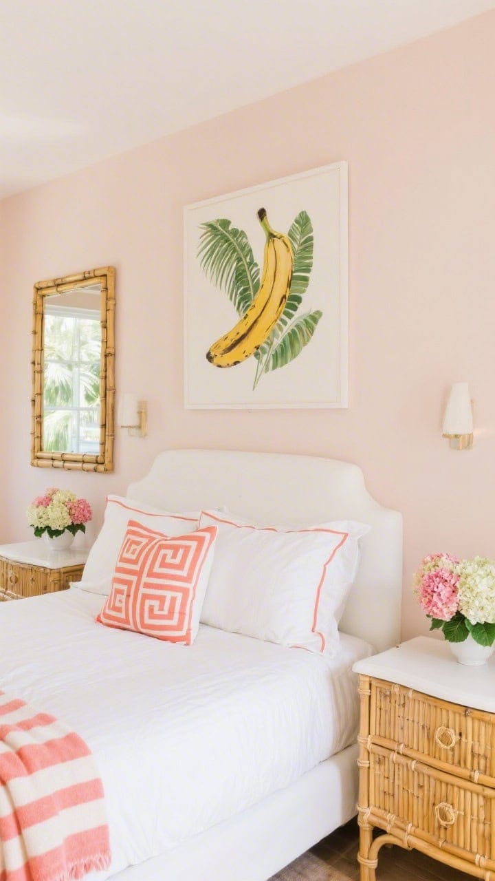 Medium shot of a cheerful Palm Beach-prep bed vignette: bright white bed dressed with piped coral shams and a punchy Greek key lumbar pillow, lacquered nightstands, faux-bamboo dresser in view with a bamboo mirror above; banana-leaf art on the wall, candy-striped throw draped casually, fresh hydrangeas on the nightstand; walls in a soft blush/pale sand, sun-kissed and polished vibe with coral, white, green accents.