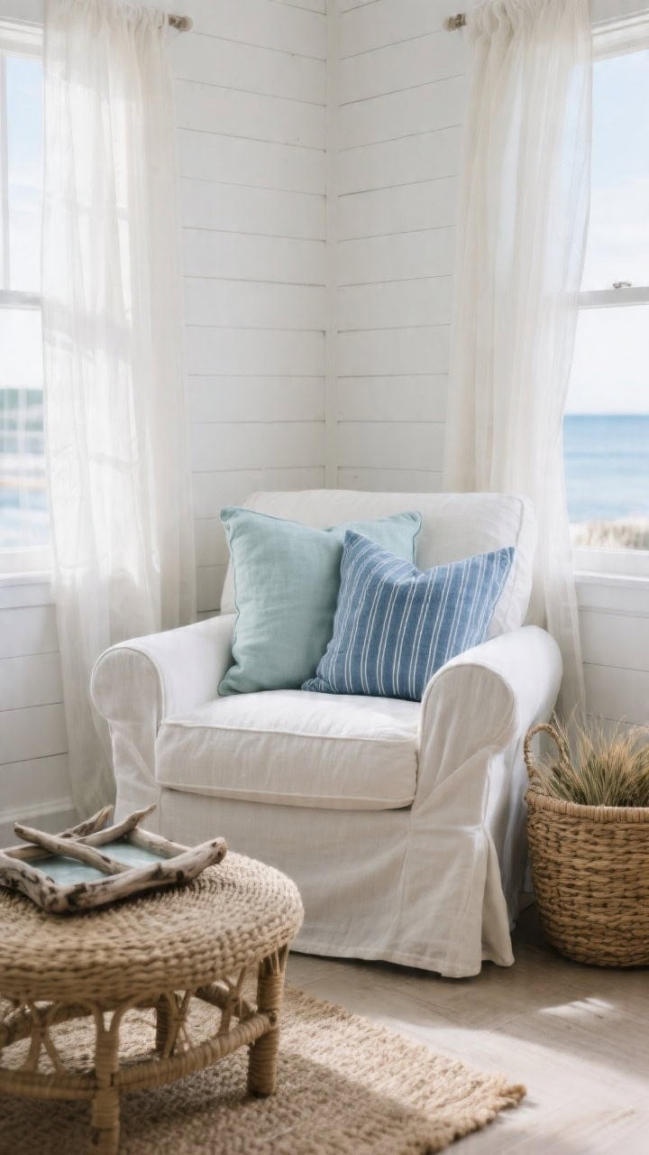 Medium shot of a coastal Nordic reading nook with white shiplap walls and a slipcovered armchair bathed in soft daylight; pillows in mist blue linen, seafoam linen, and an indigo pinstripe lumbar; airy gauze curtains filtering light; woven jute ottoman serving as a coffee perch with a driftwood tray; seagrass basket tucked beside the chair; palette of cloud white, mist blue, seafoam, and sand; breezy, fresh, sunrise-ready mood; photorealistic.