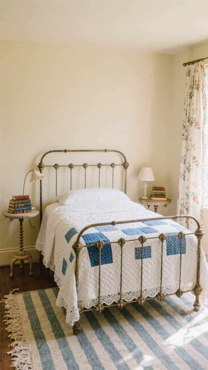 Medium shot of a cozy heirloom guest room: antique-style iron bed centered, layered with a white matelassé coverlet and hand-quilted blue patchwork; warm cream walls; petite antique spindle-leg tables as nightstands; small floral lamp, stack of hardcover novels; ticking stripe rug on the floor; lace-trimmed curtains filtering soft, flattering afternoon light.