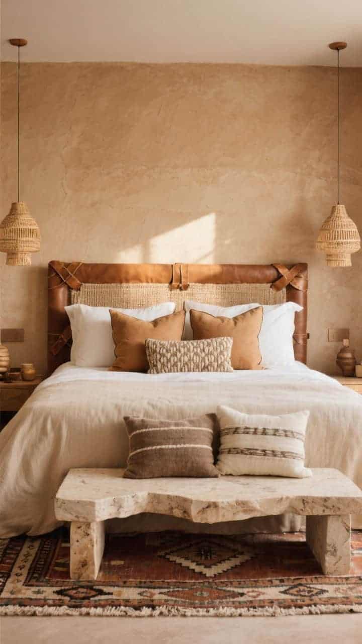 Medium shot of a desert luxe suite: warm sandstone walls, leather strap headboard, woven pendant lights, kilim-inspired rug, travertine bench at the foot. Bed styled with tactile pillows: two bone-colored heavy-cotton Euros, two camel shams, a lumber-textured wool lumbar with subtle pattern, plus two small mudcloth-inspired pillows in taupe and ivory. Sunlit, warm and curated.