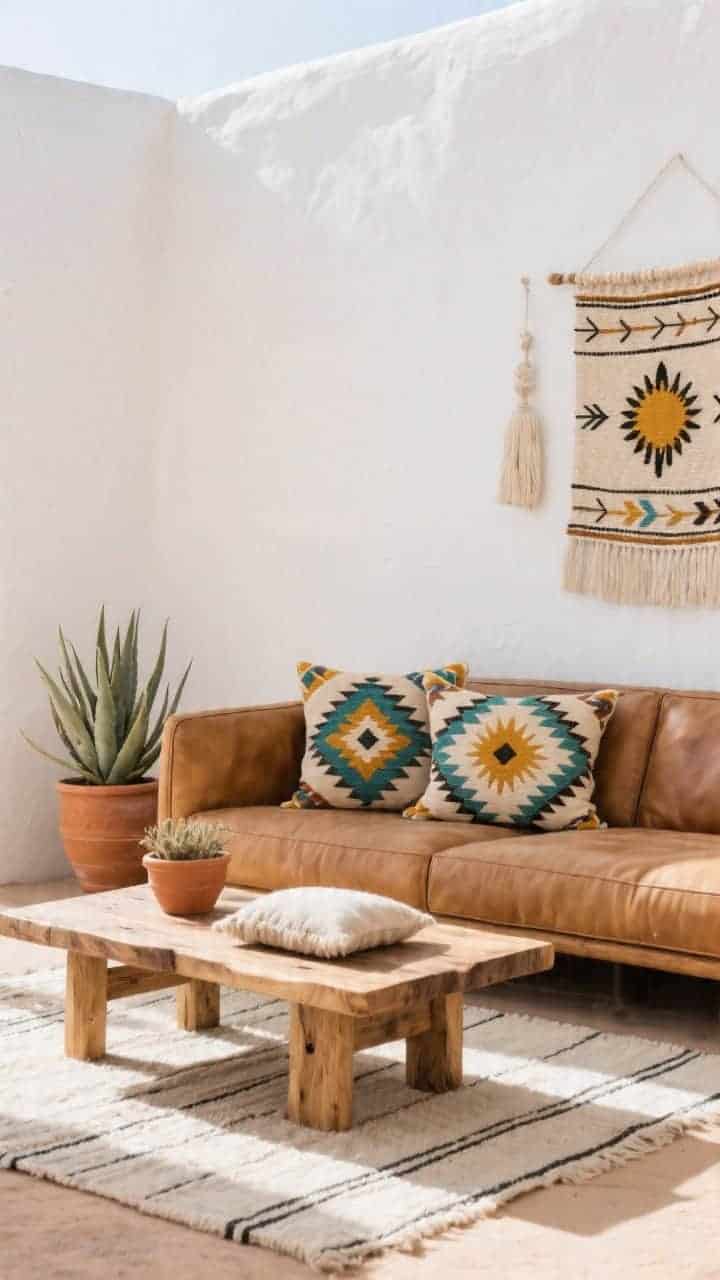Medium shot of a desert-minimal den with white plaster walls, a camel leather sofa, and a heavy cedar coffee table; adorn the sofa with Southwestern-patterned pillows featuring stepped diamonds, arrows, and sunburst motifs in saffron, turquoise, and sandstone, plus a wool kilim pillow; include terracotta pots with an agave plant and a woven wall hanging; flatweave rug with a subtle stripe underfoot; sunlit, grounded, unfussy mood; palette camel, bone white, turquoise, saffron, charcoal; photorealistic.