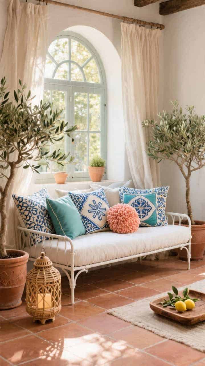 Medium shot of a Mediterranean indoor-outdoor lounge: white metal daybed piled with cushions over terracotta tile floors, arched window bringing in dappled light; style with tile-inspired pillows—Moroccan quatrefoils, Greek keys, Spanish azulejo motifs—in indigo, teal, and sunwashed coral, including one pom-pom edged pillow; olive trees in clay pots, woven lanterns, carved wood tray with lemon branches; gauzy linen drapes; breezy, sunwashed mood; photorealistic.