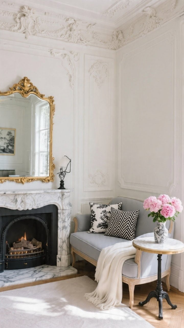 Medium shot of a Parisian-inspired sitting room showing ornate crown molding, a petite dove-gray settee in front of a marble fireplace with a gilded mirror above; black-and-white toile pillows mixed with small herringbone cushions on the settee, a creamy white cashmere throw casually draped; a tiny bistro side table holds a vase of pink peonies; soft, romantic daylight, angled corner view, photorealistic.