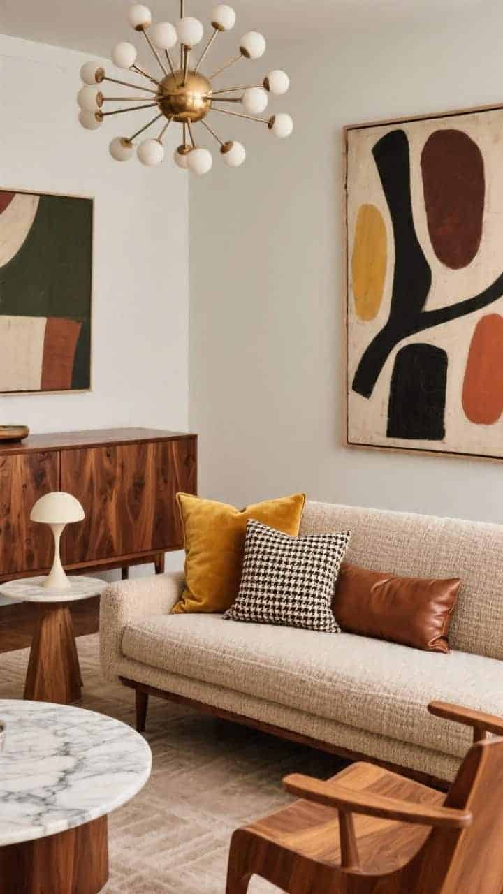 Medium shot of a polished mid-century lounge: oat tweed clean-lined sofa in front of a warm walnut credenza, Sputnik chandelier overhead. On the sofa, mustard velvet pillows, a walnut-brown leather lumbar, and one micro-houndstooth cushion. A marble-topped tulip side table and a teak accent chair complete the scene; bold abstract art on the wall. Balanced, museum-meets-living-room mood with velvet, tweed, leather, marble, and walnut textures highlighted.