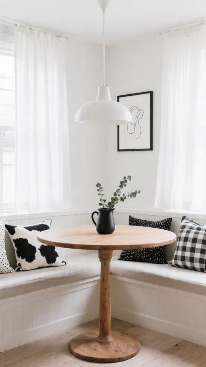 Medium shot of a Scandinavian breakfast nook: built-in banquette hugging a round oak pedestal table beneath a simple white pendant; along the bench, black-and-white buffalo check pillows mixed with tiny micro-dot cushions; white cafe curtains filter daylight; a matte black pitcher with eucalyptus sits on the table next to a framed line drawing on the wall; bright, cheerful lighting, straight-on view, photorealistic.