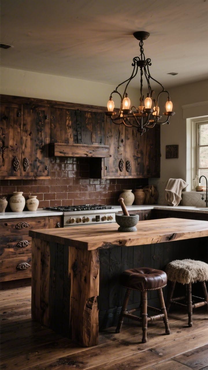 Medium shot of a truffle-hunter timber kitchen: charred-oak stained cabinetry with chunky hand-carved pulls, wide-plank smoked oak floors, island as a solid block of end-grain butcher’s wood, backsplash of handmade chocolate-brown tiles with a ledge holding stoneware crocks; forged-iron chandelier overhead casting warm pools of light; textiles include nubby linen, leather stools, and wool seat cushions; stone mortar and pestle on the counter; palette of espresso wood, umber, iron, cream accents; moody, cozy lighting, photorealistic.