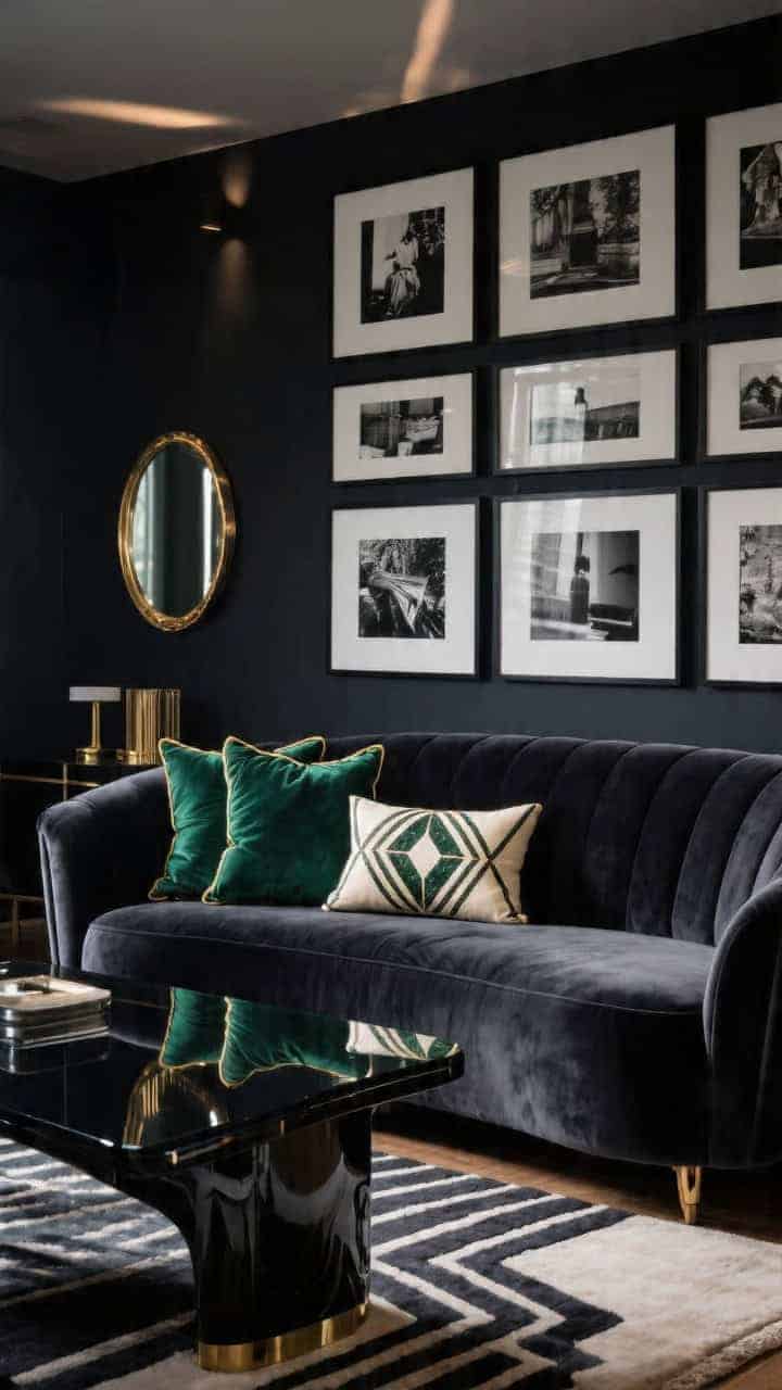 Medium shot of an Art Deco-inspired den: low, curvy charcoal velvet sofa beneath a grid of black-and-white photography. On the sofa, emerald silk pillows with brass piping plus one cream-and-onyx geometric deco print cushion. A glossy black lacquer coffee table, smoked glass side table catching reflections, round brass mirror on adjacent wall, and an Art Deco rug with stepped patterns partially visible. Moody, directional lighting with subtle highlights on silk and lacquer; strong graphic contrast.