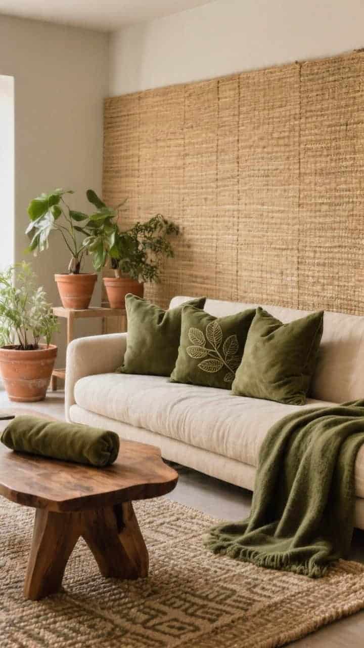 Medium shot of an earthy olive living room corner: warm beige low-slung linen sofa with a family of olive monochrome pillows—nubby slub-linen, subtle leaf-pattern tone-on-tone embroidery, and an olive suede lumbar. A sculptural oak coffee table, woven grasscloth wall behind, terracotta planters, and a patterned sisal rug beneath. Soft diffused lighting for a biophilic, quiet-luxe feel; an oversized olive throw draped casually; photorealistic.