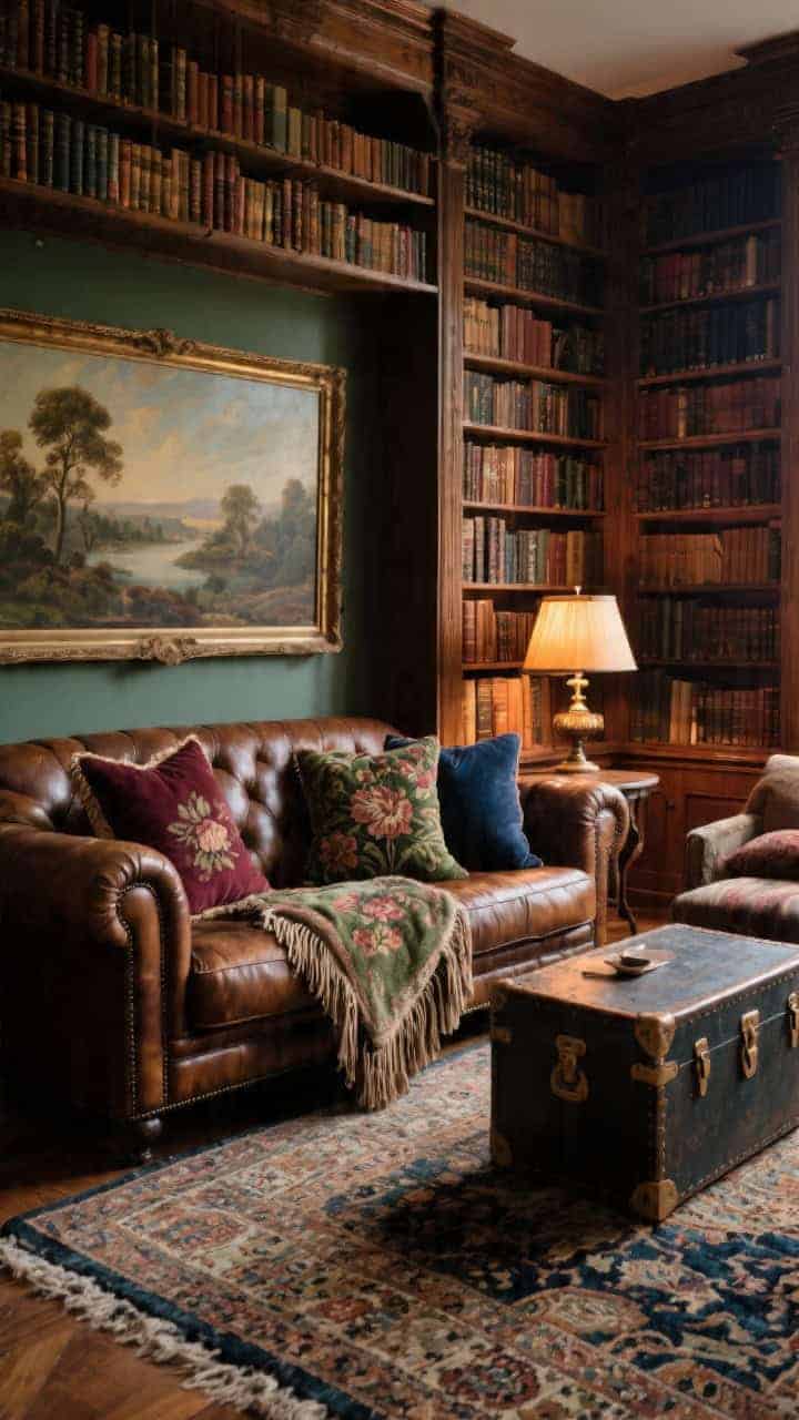 Medium shot of an old-world library lounge: floor-to-ceiling bookshelves, a tobacco leather chesterfield sofa, and a worn oriental rug. On the sofa, tapestry-style floral pillows in muted burgundy, moss, and inky blue, plus a fringe-trimmed lumbar as a dramatic accent. Banker’s lamp with warm pool of light on a side table, an oil landscape painting on the wall, and a vintage trunk as the coffee table. Rich, cozy mood with leather, tapestry weave, fringe, and wool textures emphasized.