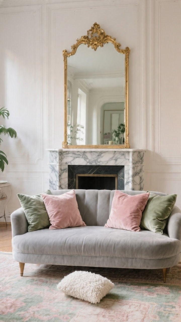 Medium shot, Parisian apartment elegance: soft dove-gray velvet sofa facing a marble fireplace; a gilded mirror above reflects light; vintage rug with faint blush and sage tones. Pillows: two 24-inch blush velvet ends, two 20-inch sage silk-blend cushions with a gentle sheen, and a petite ivory bouclé lumbar for texture. Soft, romantic daylight; refined, airy mood; no people.